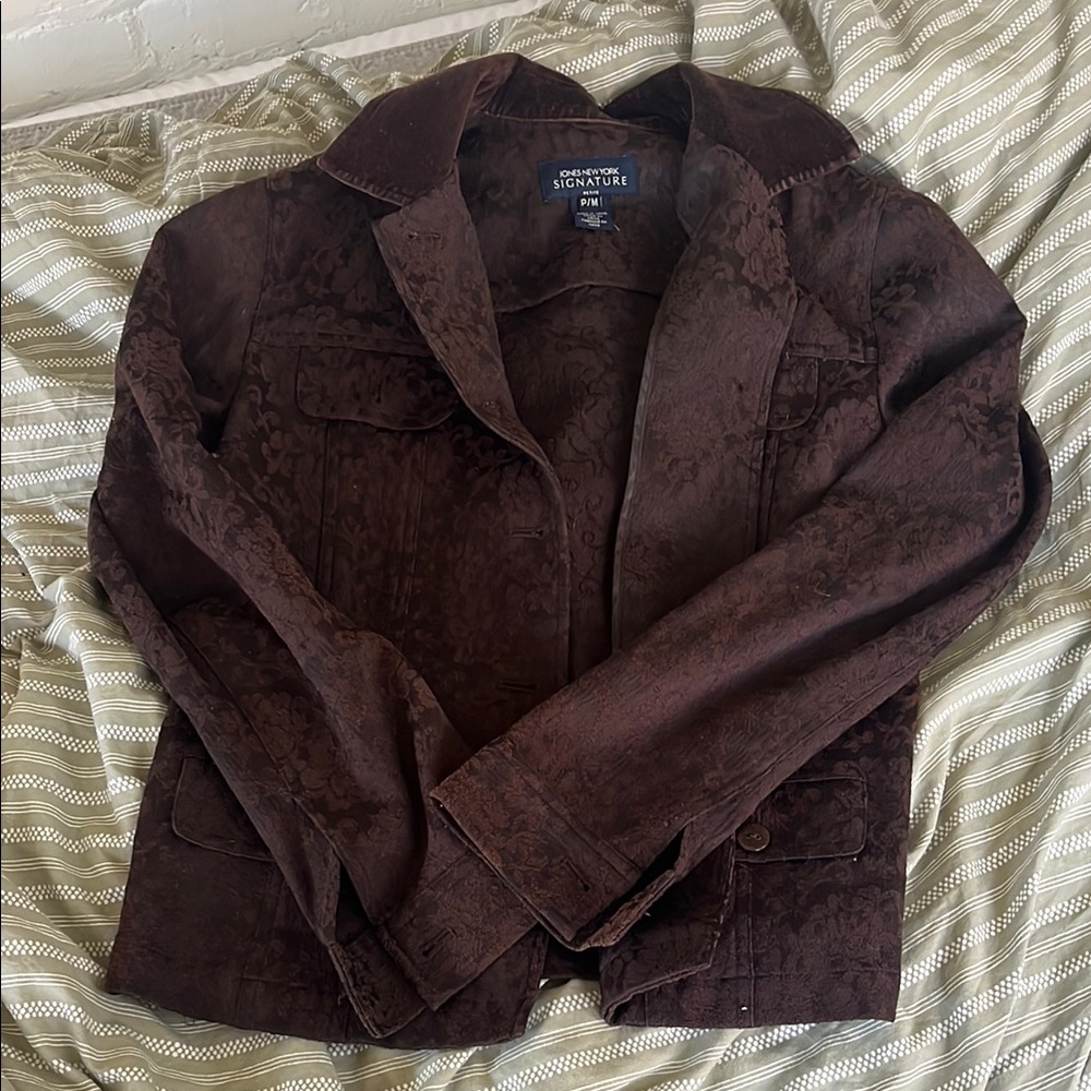 Chico's Brown Jacket with Floral Print and Corduroy Collar